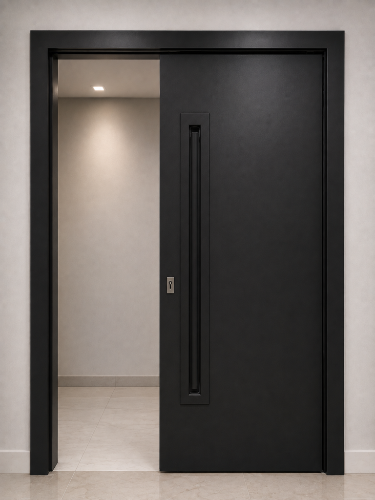 PORTA DE CORRER EM PET PVC PRETO RENOLIT COM MOLDURA PUXADOR EMBUTIDO
