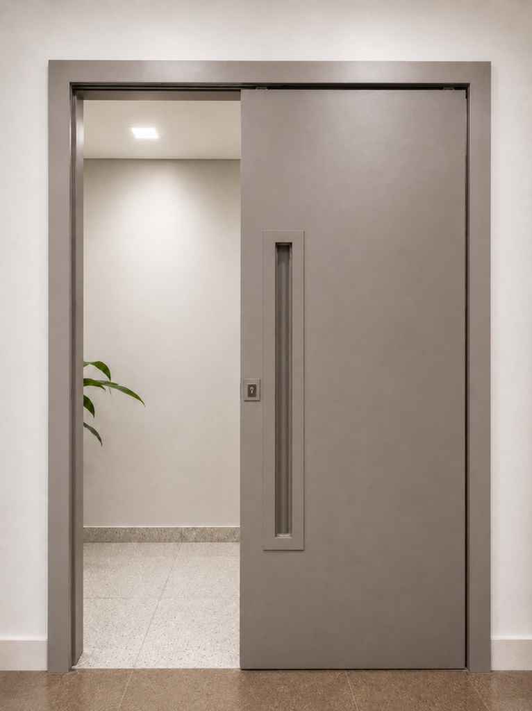 PORTA DE CORRER EM PET PVC GIANDUIA (CINZA) COM MOLDURA PUXADOR EMBUTIDO