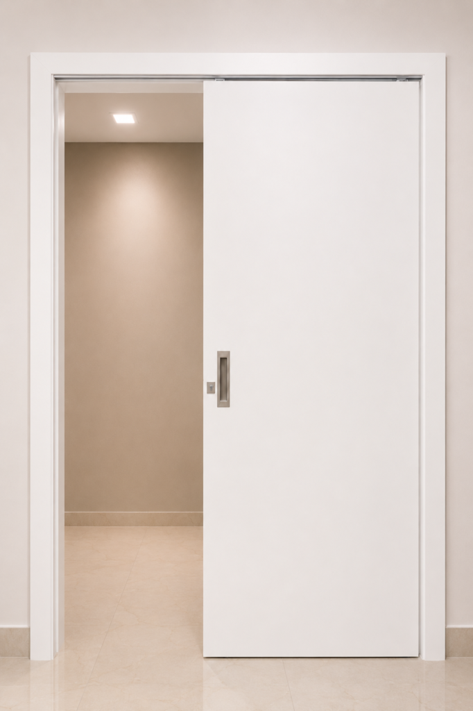 PORTA DE CORRER EM PET PVC BRANCA COM MOLDURA PUXADOR AÇO